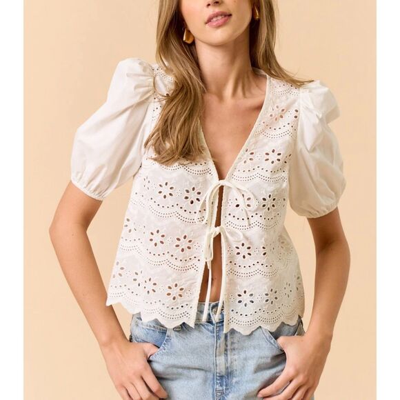 Calypso St. Barth Tops - NWOT Calypso St. Barth White Eyelet Puff Sleeve Crop Cotton Blouse Tie Top Large